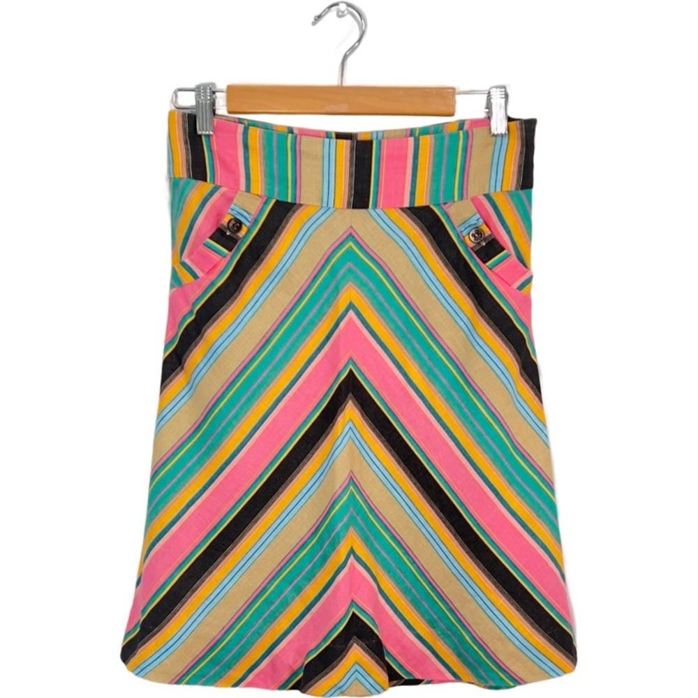 Ted Baker London 100% Linen Bright Multi Color Stripe Knee Length Skirt 1 US 4